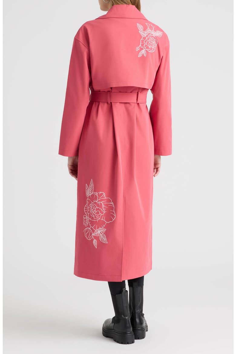 Embroidered Belted Trench Coat, Alternate, color, PITAYA RED