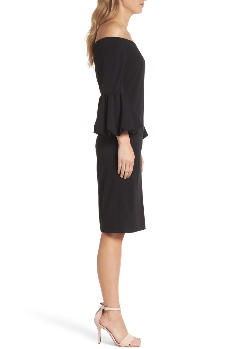 Off the Shoulder Bell Sleeve Scuba Crepe Dress, Alternate, color, BLACK