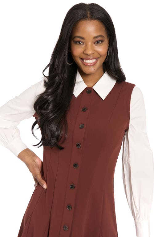 London Times Long Sleeve Twofer Scuba Fit & Flare Dress In Brown