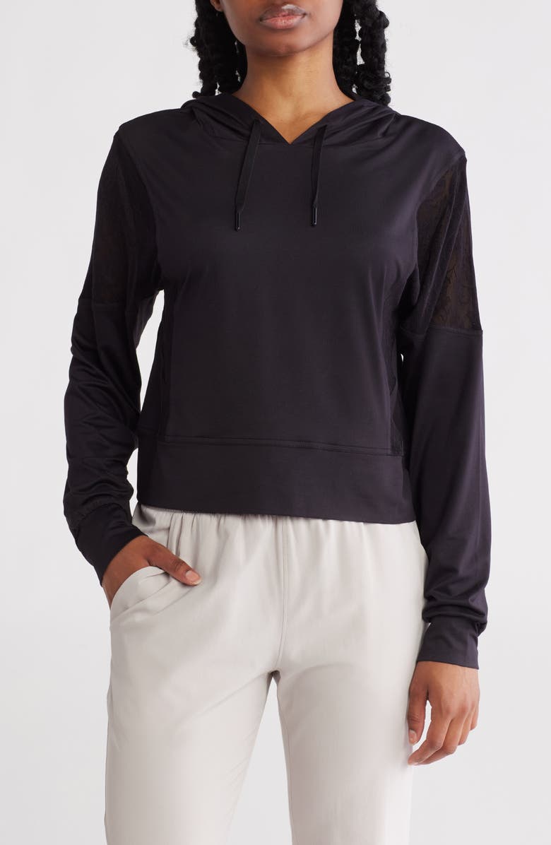 X by Gottex Lace Trim Hoodie, Main, color, Black