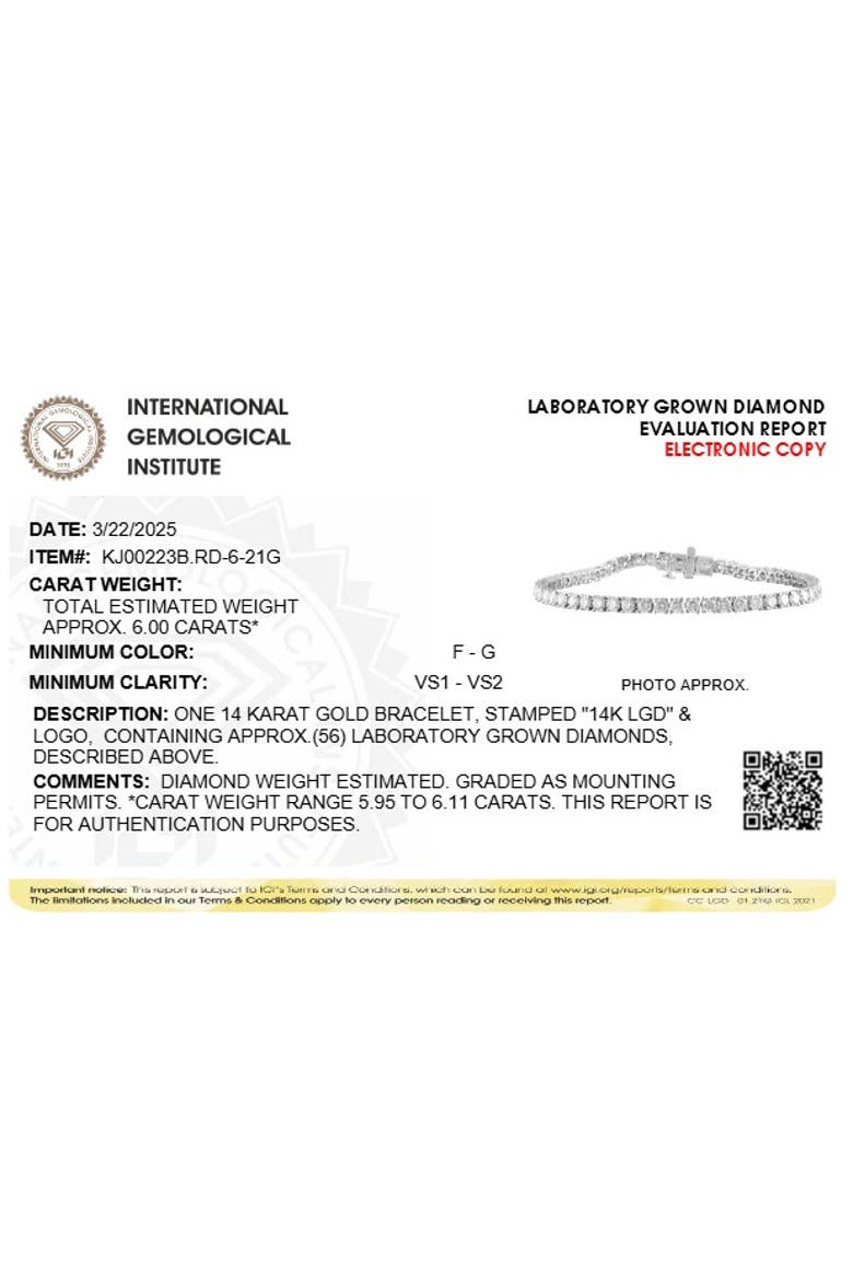 IGI Certified 14K White Gold 6.0 Cttw Lab Grown Diamond Tennis Bracelet, Alternate, color, White Gold