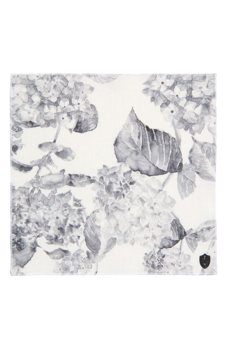 CLIFTON WILSON Grey & White Floral Linen Pocket Square, Alternate, color, Gray