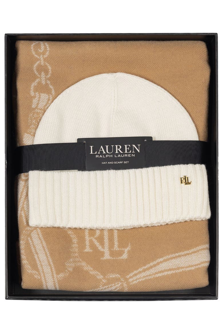 Equestrian Scarf & Beanie Set, Alternate, color, LAUREN CAMEL