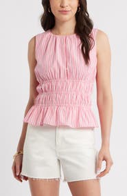 Caslon® Stripe Smocked Peplum Poplin Top