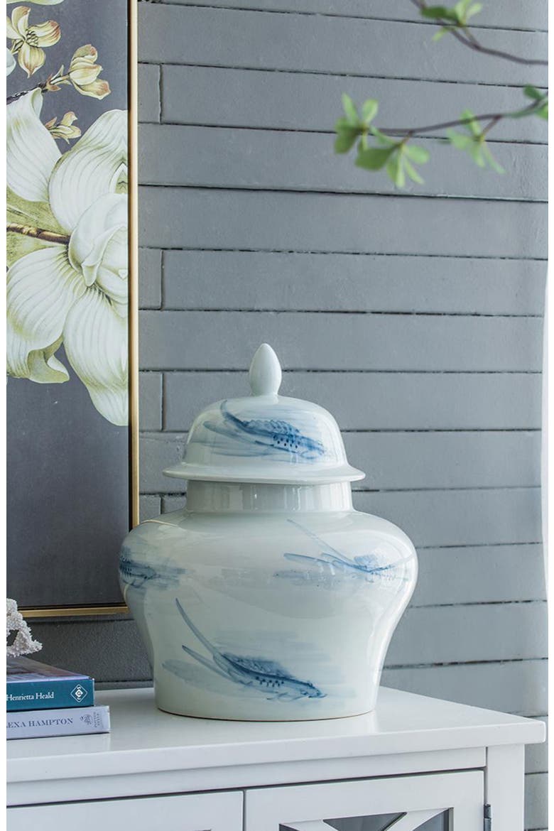 Koi Porcelain Lidded Jar, Alternate, color, WHITE