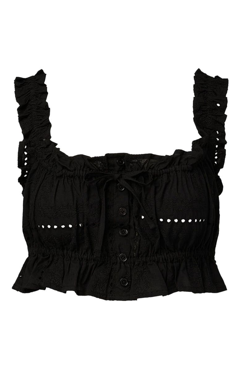 WeWoreWhat Ruffle Button Crop Top, Alternate, color, Black
