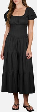 Blu Pepper Stripe Textured Puff Sleeve Tiered Midi Dress