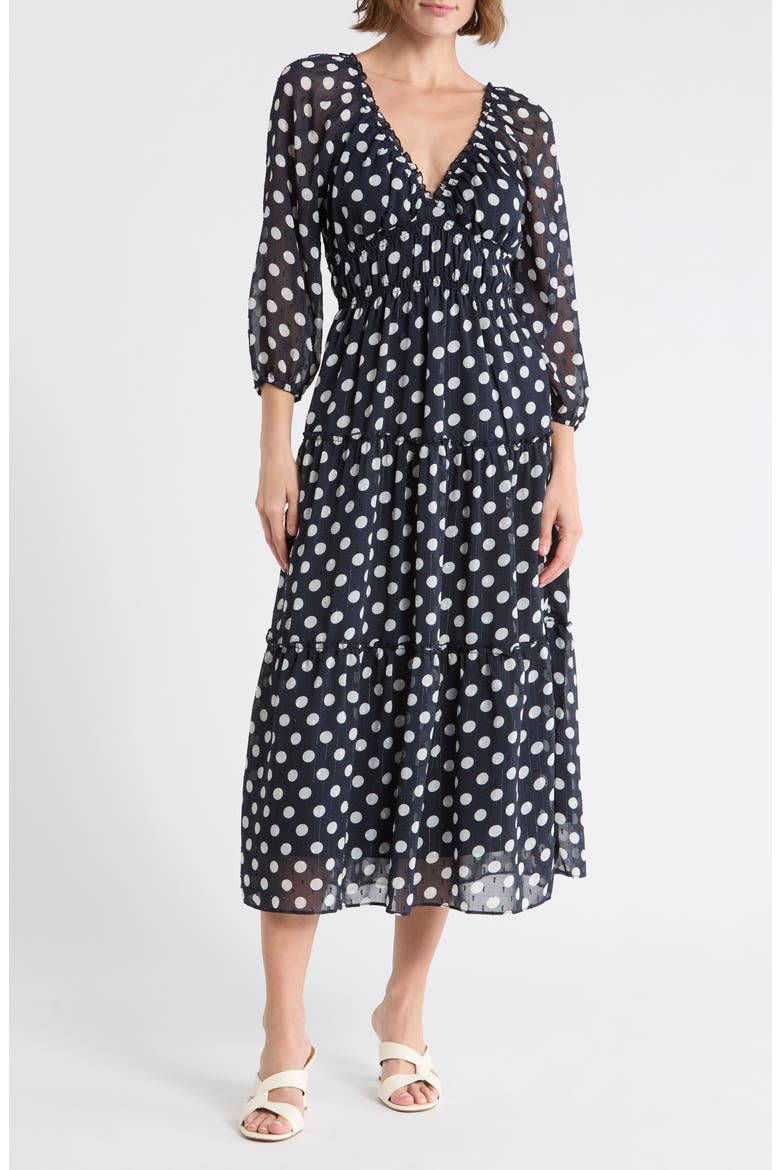 Tiered Midi Dress, Main, color, NAVY IVORY DOT