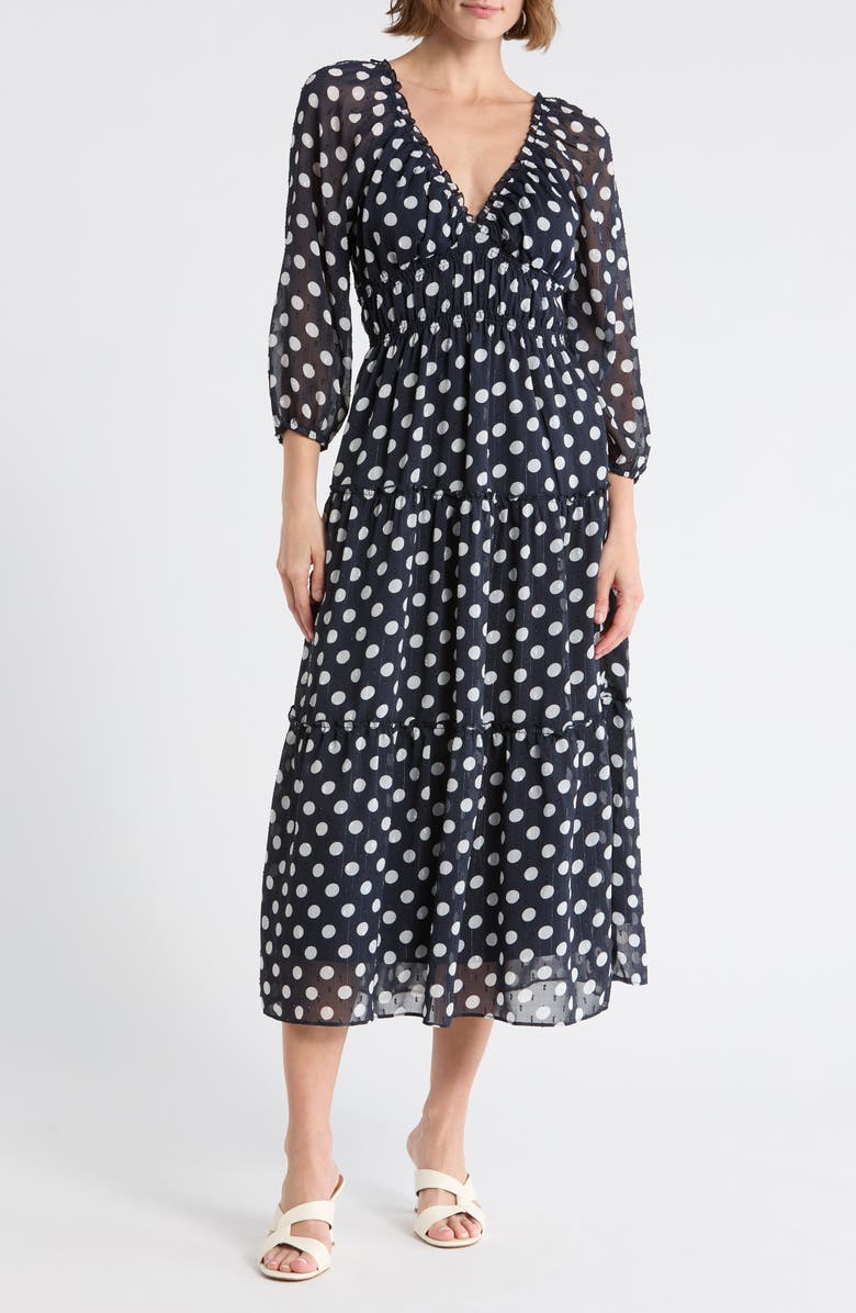 Socialite Tiered Midi Dress, Main, color, Navy Ivory Dot