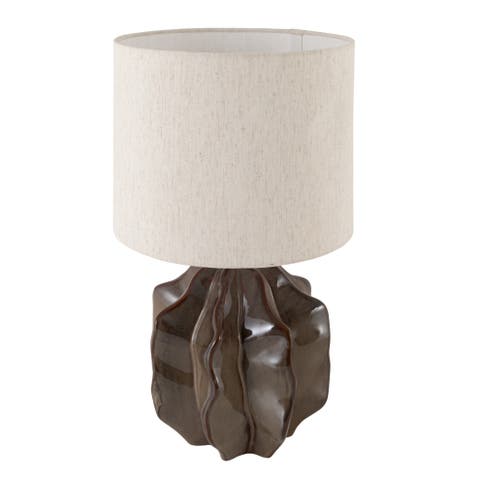 Contemporary Ceramic Table Lamp with Sculptural Base and Fabric, Grey and Cream