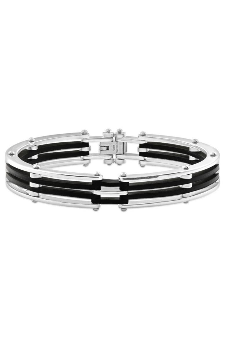 Men's Steel And Black Silicone Latched 8" 13.5mm " Cuffed Bracelet, Main, color, Stainless Steel