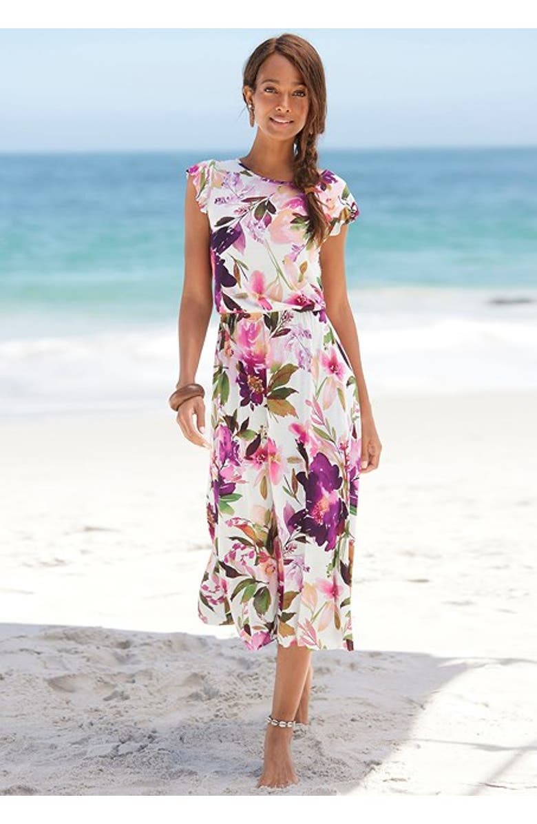 LASCANA Women's Flutter Sleeve Dress, Alternate, color, White Printed