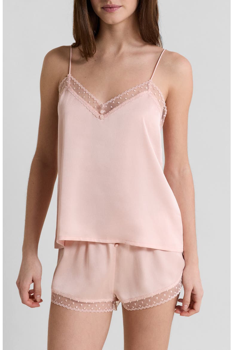 Plume Lace Trim Satin Camisole, Main, color, POWDER PINK