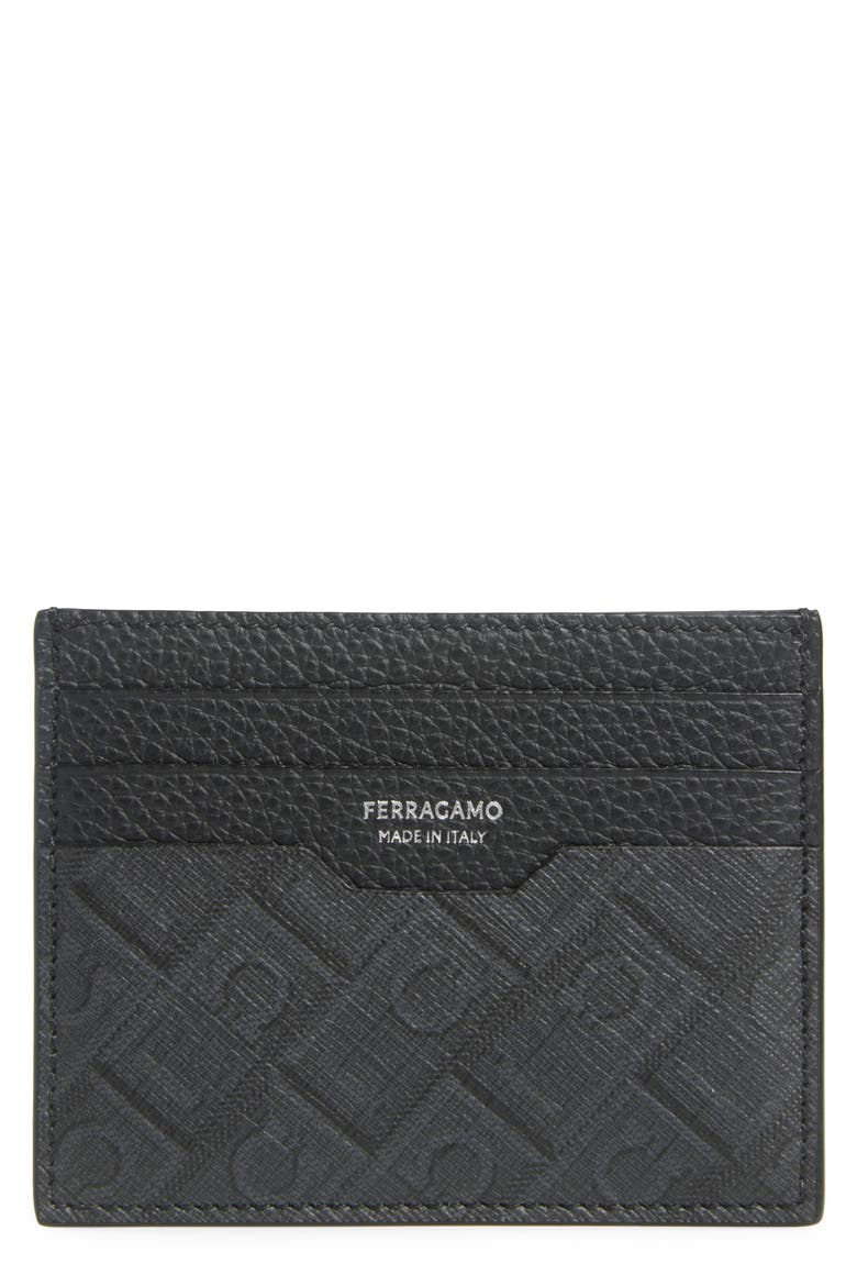 Gancio Monogram Leather Card Case, Main, color, NERO/ GRIGIO