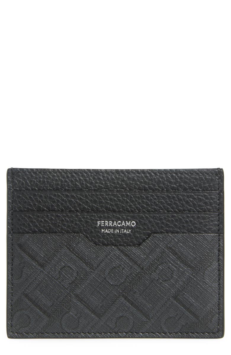 FERRAGAMO Gancio Monogram Leather Card Case, Main, color, Nero/ Grigio