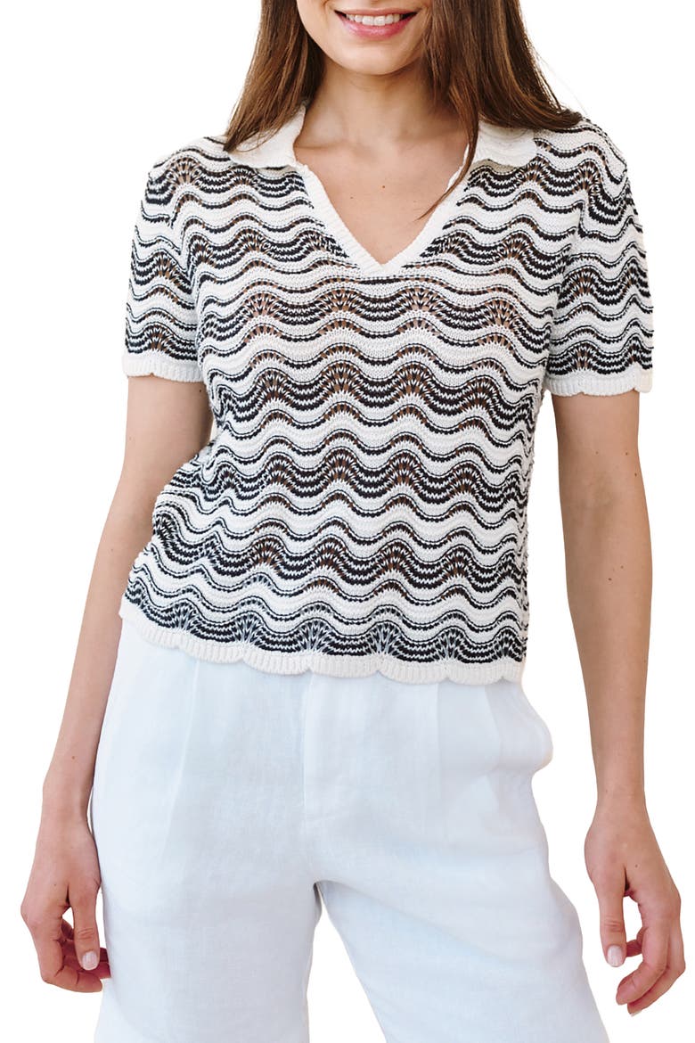 Short Sleeve Cotton & Silk Blend Pointelle Polo Sweater, Main, color, MOONLIT WAVES