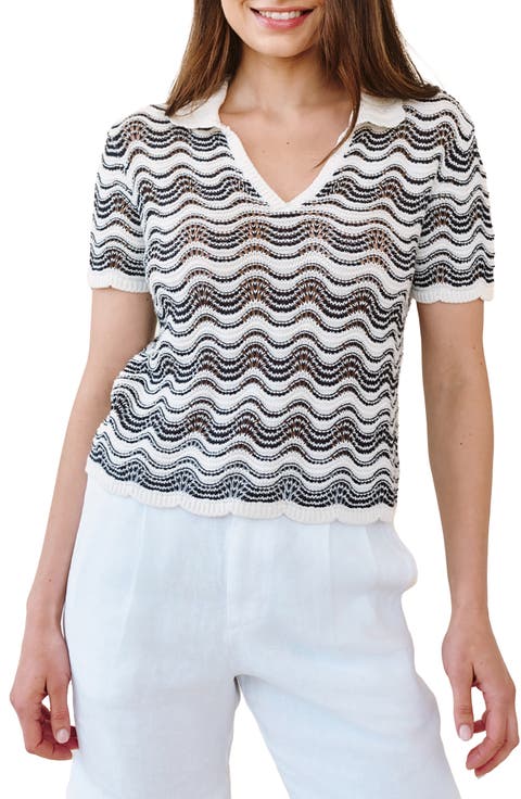 Short Sleeve Cotton & Silk Blend Pointelle Polo Sweater