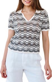 Bella Dahl Short Sleeve Cotton & Silk Blend Pointelle Polo Sweater