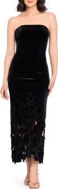 Betsy & Adam Laser Cut Strapless Velvet Gown