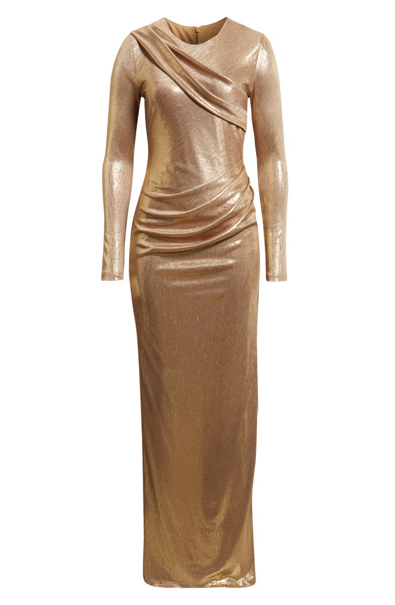 Black Halo Marika Metallic Draped Long Sleeve Gown, Alternate, color, Liquid Gold