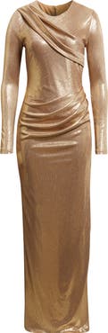 Black Halo Marika Metallic Draped Long Sleeve Gown