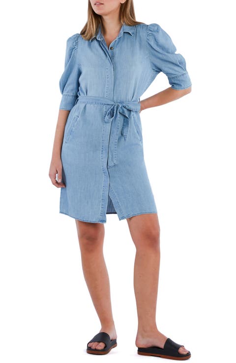 Puff Sleeve Tie Belt Denim Shirtdress