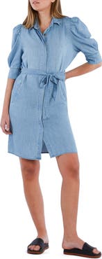 Wash Lab Denim Puff Sleeve Tie Belt Denim Shirtdress