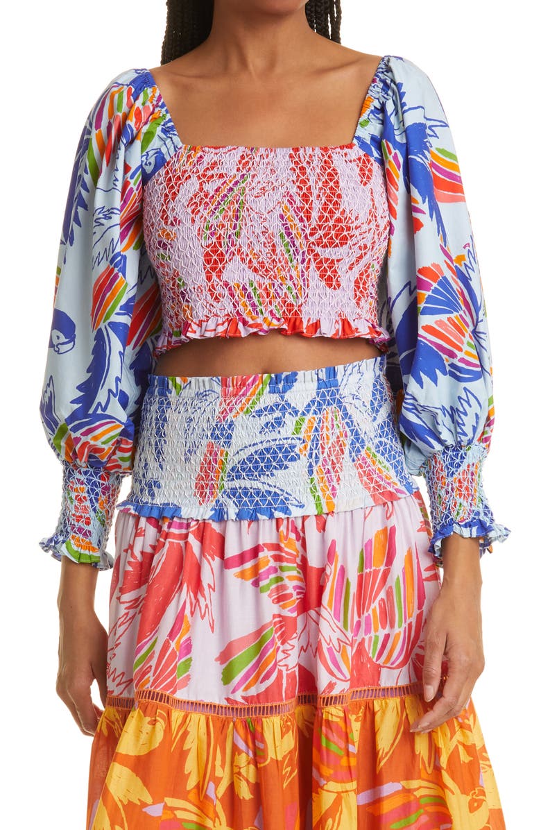 FARM Rio Mixed Print Smocked Cotton Crop Top, Main, color, 
