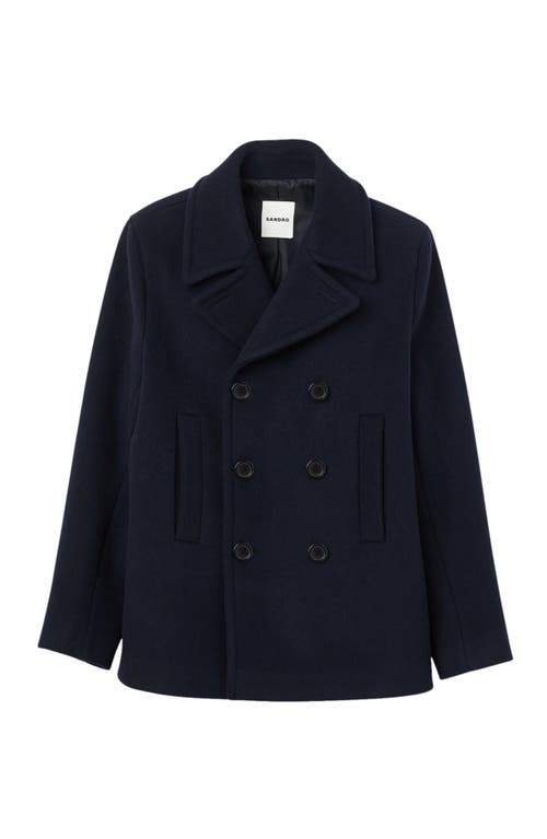 Sandro Straight-fit Wool-blend Coat In Navy Blue