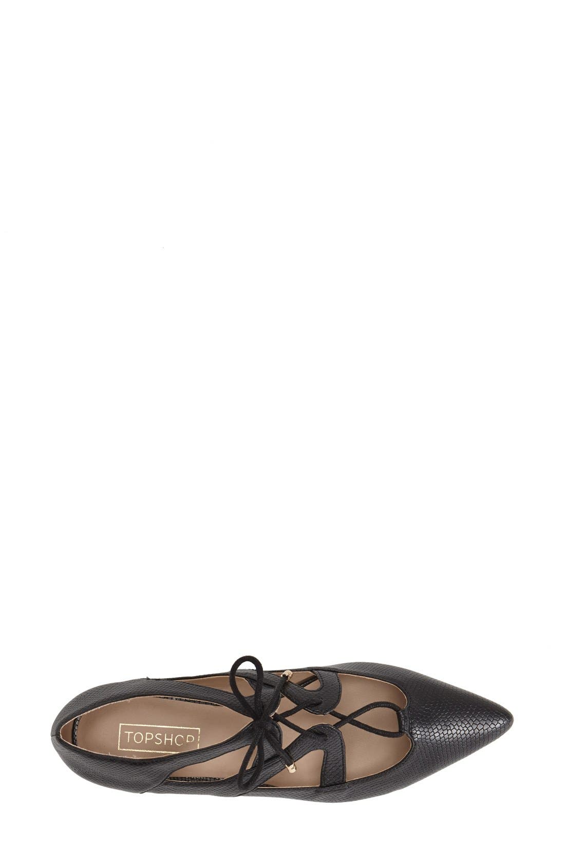 'Fickle' Pointy Toe Ghillie Flat, Alternate, color, BLACK