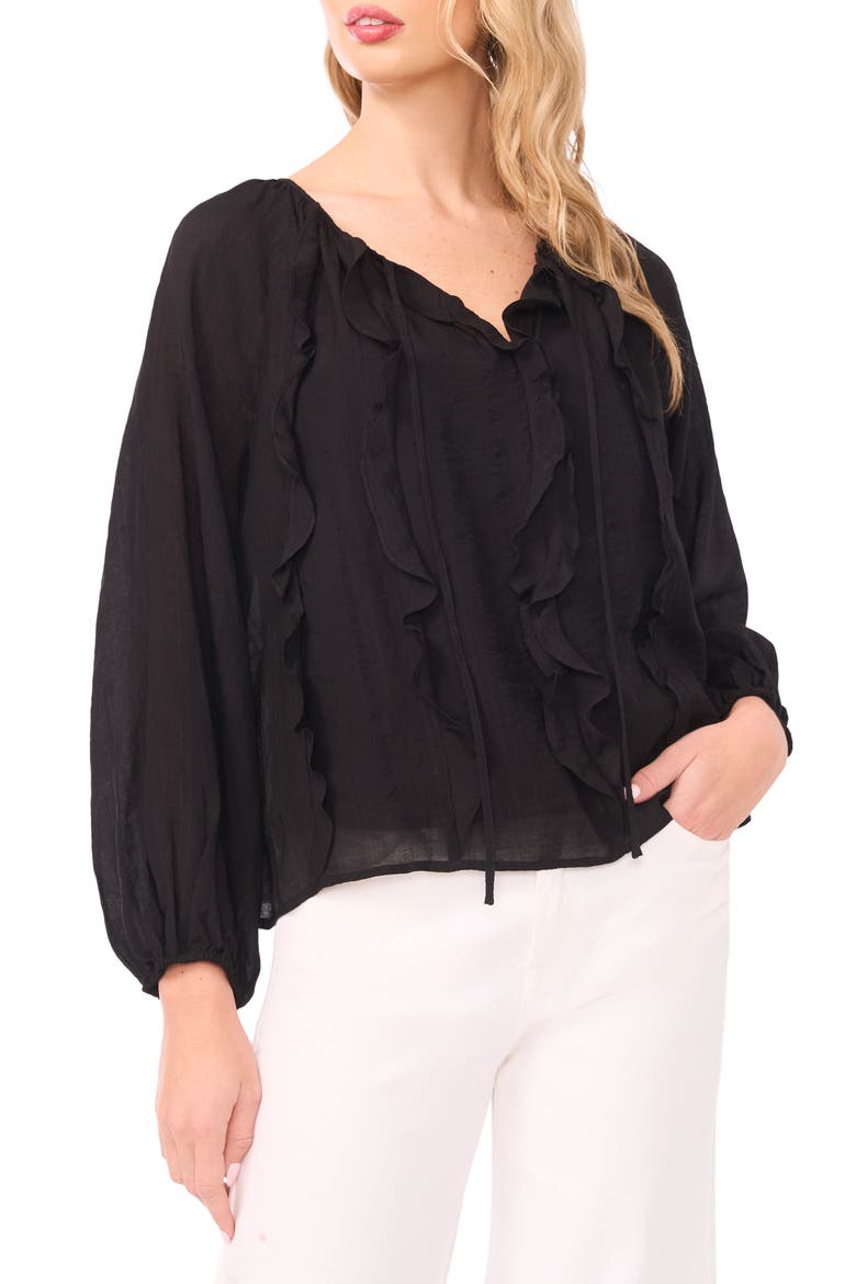 Tie Neck Ruffle Long Sleeve Top, Main, color, RICH BLACK