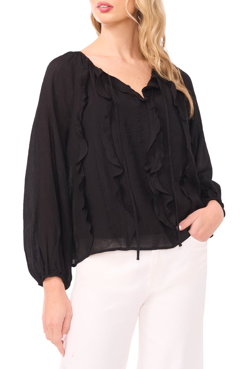 Halogen<sup>®</sup> Tie Neck Ruffle Long Sleeve Top, Main, color, Rich Black