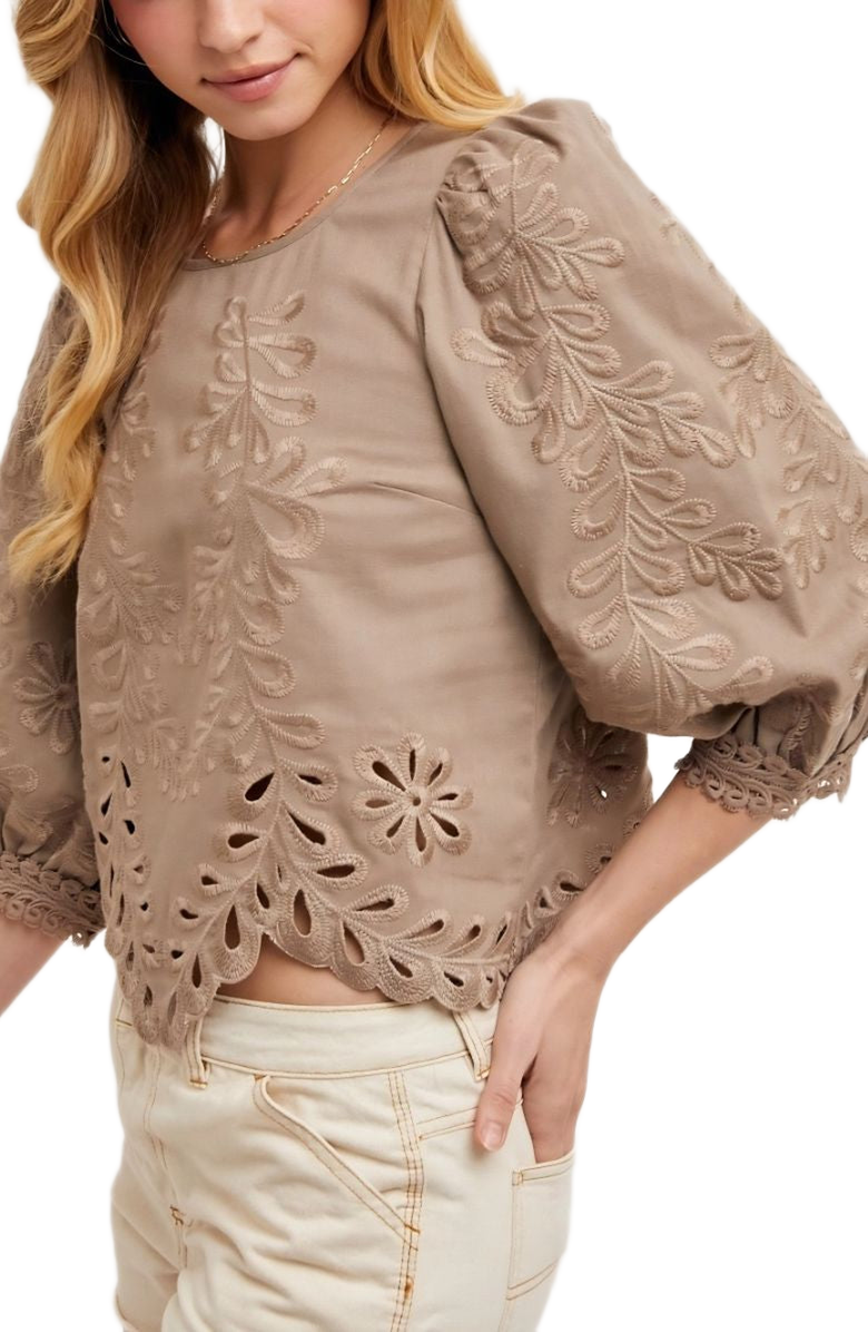 Knit and Lounge Embroidered Puff Sleeve Blouse with Scallop Hem and Cutout Detailing, Alternate, color, Taupe