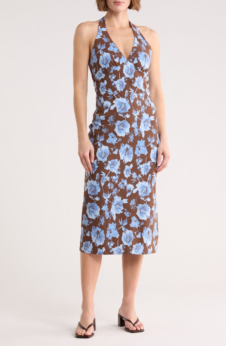 Leith Halter Neck Midi Dress, Main, color, Brown- Blue Hibiscus