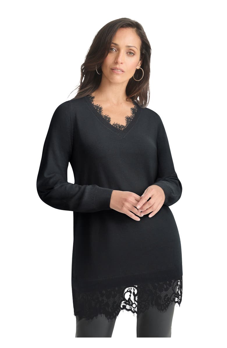 Jessica London Lace Trim Pullover Sweater, Main, color, Black