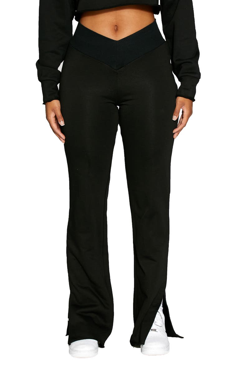 V-Cut Side Slit Cotton Blend Pants, Main, color, BLACK