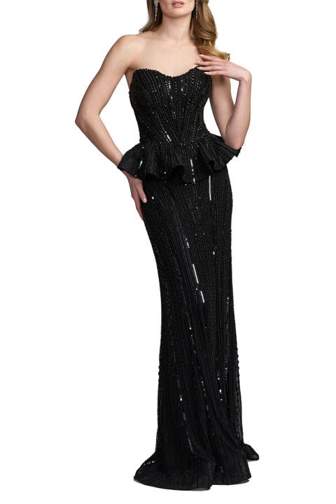 Strapless Embellished Peplum Gown