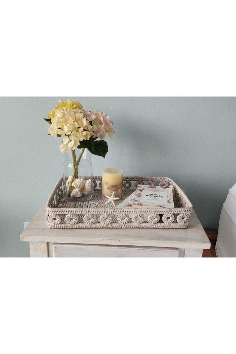 Artifacts Rattan Inna Design Rectangular Tray With Glass Insert, Alternate, color, White Wash