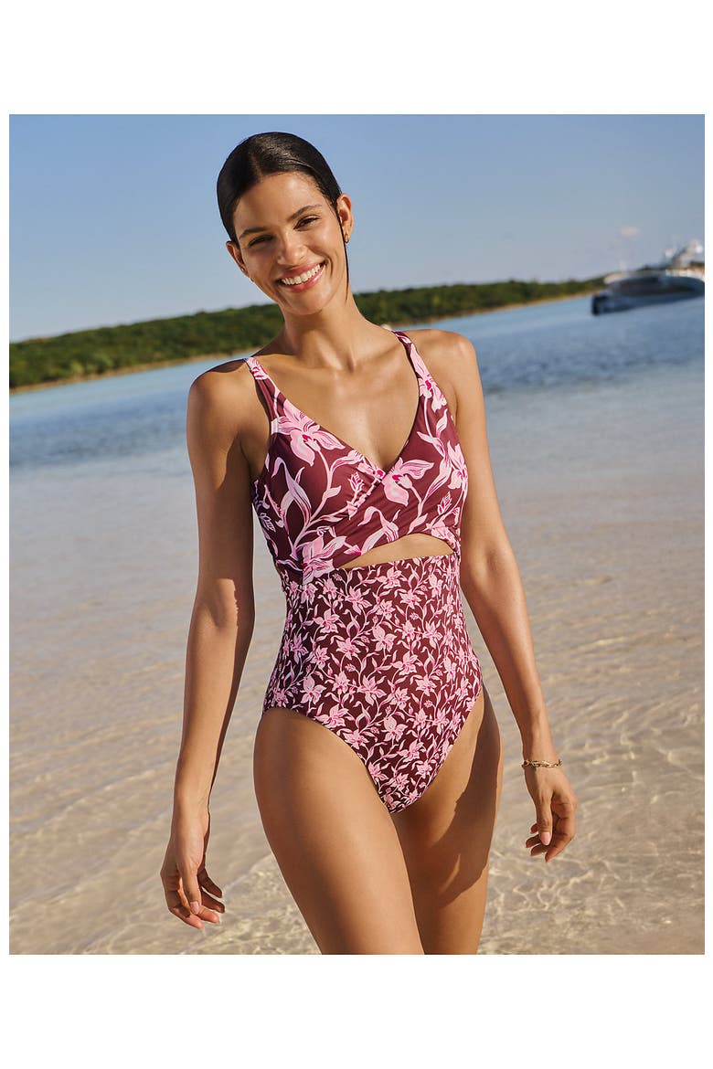 Wrap Monokini High Leg One Piece Swimsuit, Alternate, color, Daylily Red Tossed Floral