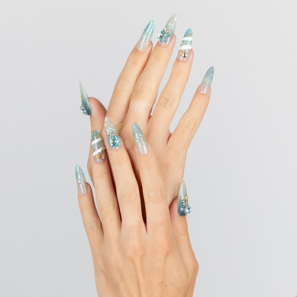 3h Nails Ocean Goddess Teal Ombre Handmade Reusable Press-on Nails, 10-piece