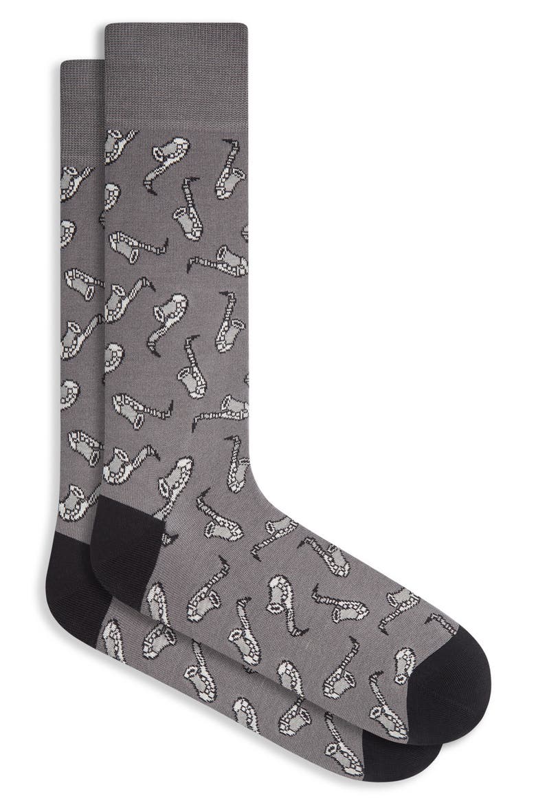 Saxophone Pattern Cotton Blend Dress Socks, Main, color, BLACK