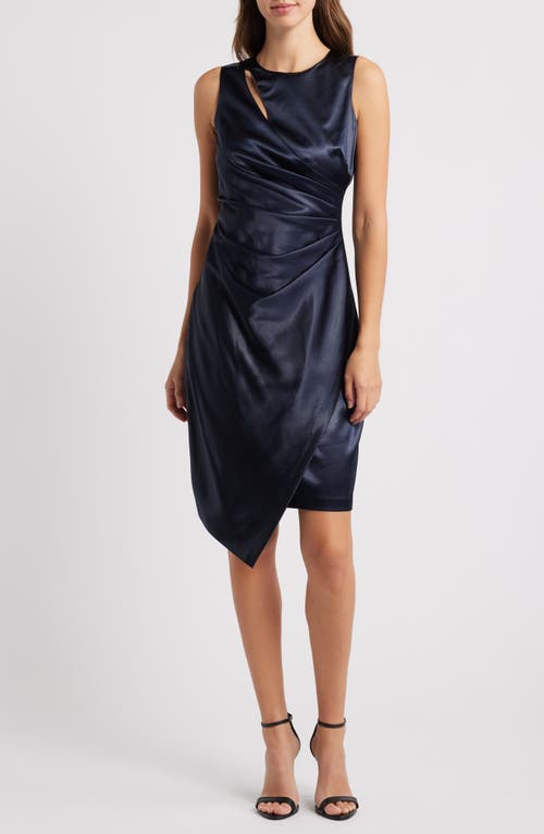 Vince Camuto Asymmetric Satin Sheath Dress in Navy 