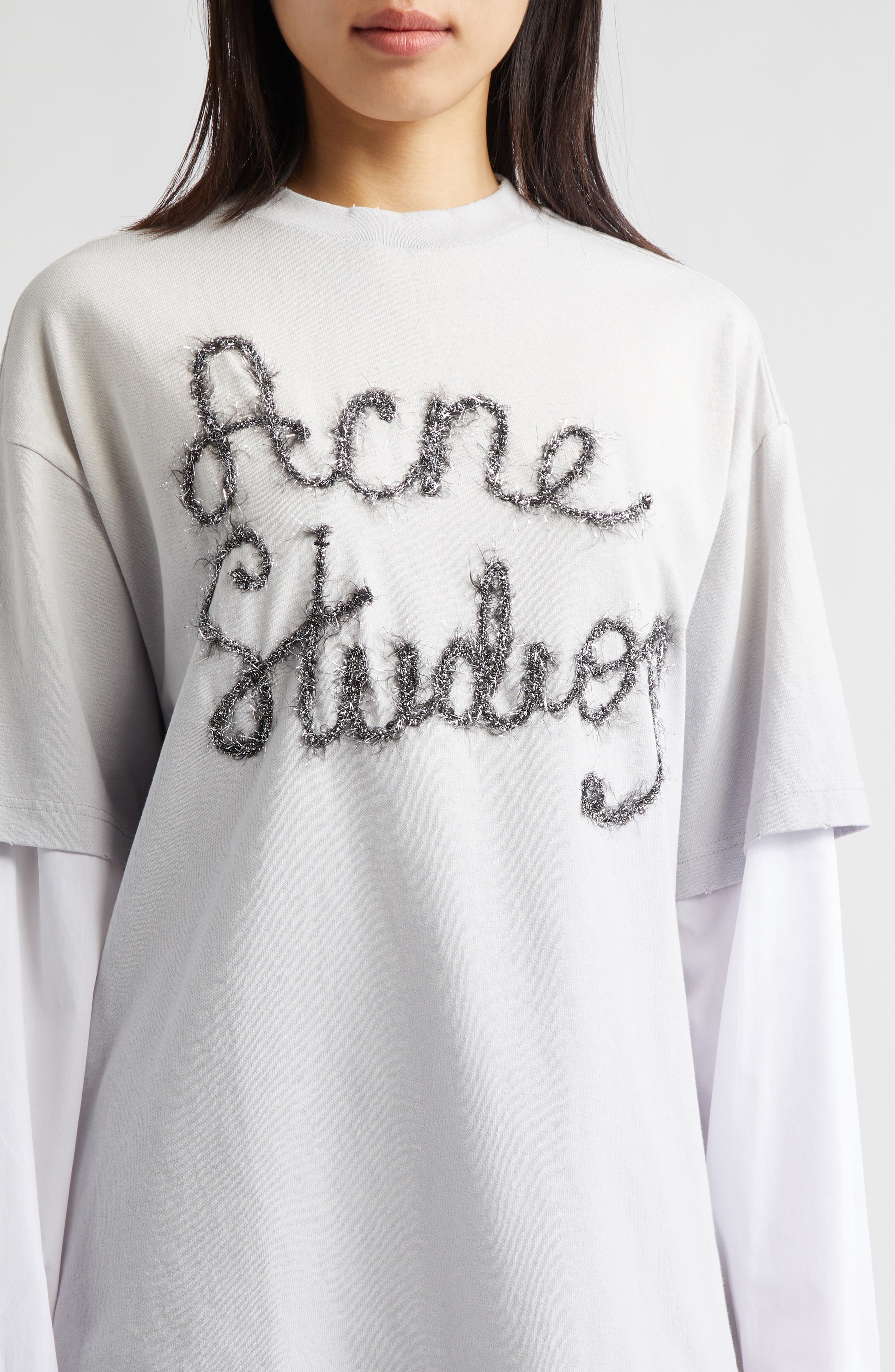 Acne Studios Edra Double U Tinsel Logo Layered T-Shirt | Nordstrom