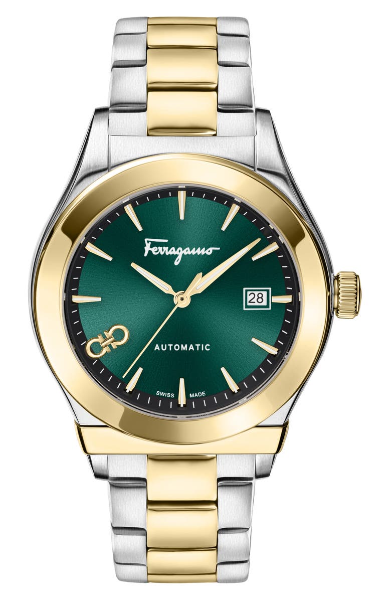 FERRAGAMO 1927 Automatic Two-Tone Bracelet Watch, 42mm, Main, color, Green/ Two Tone