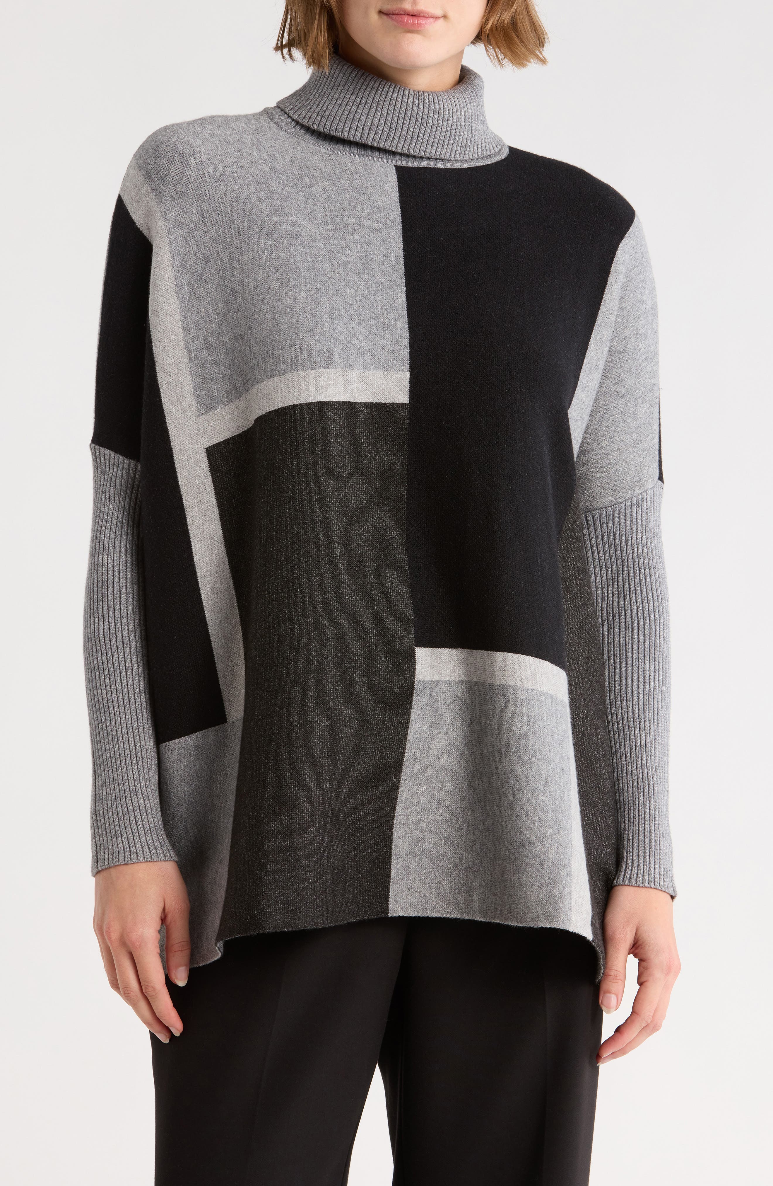 Joseph A Colorblock Turtleneck Poncho Sweater