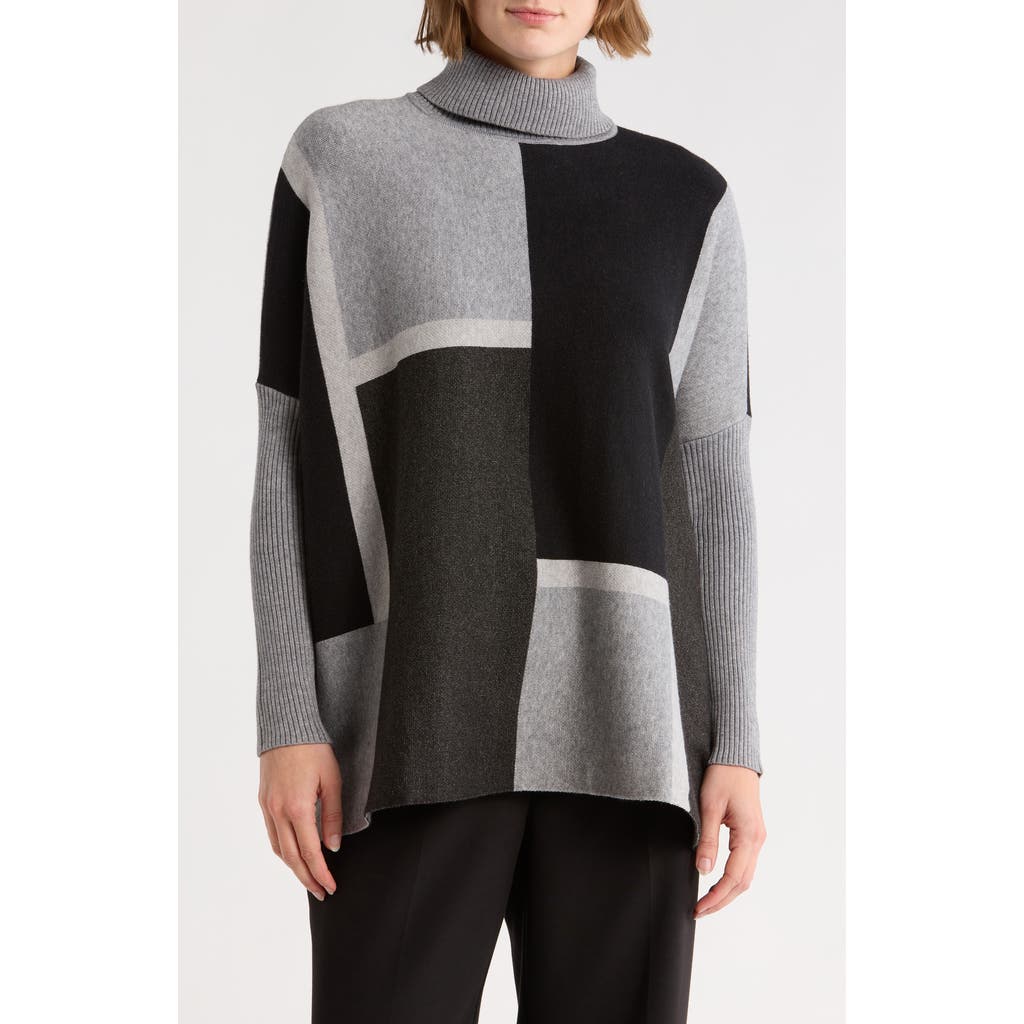 Joseph A Colorblock Turtleneck Poncho Sweater In Black