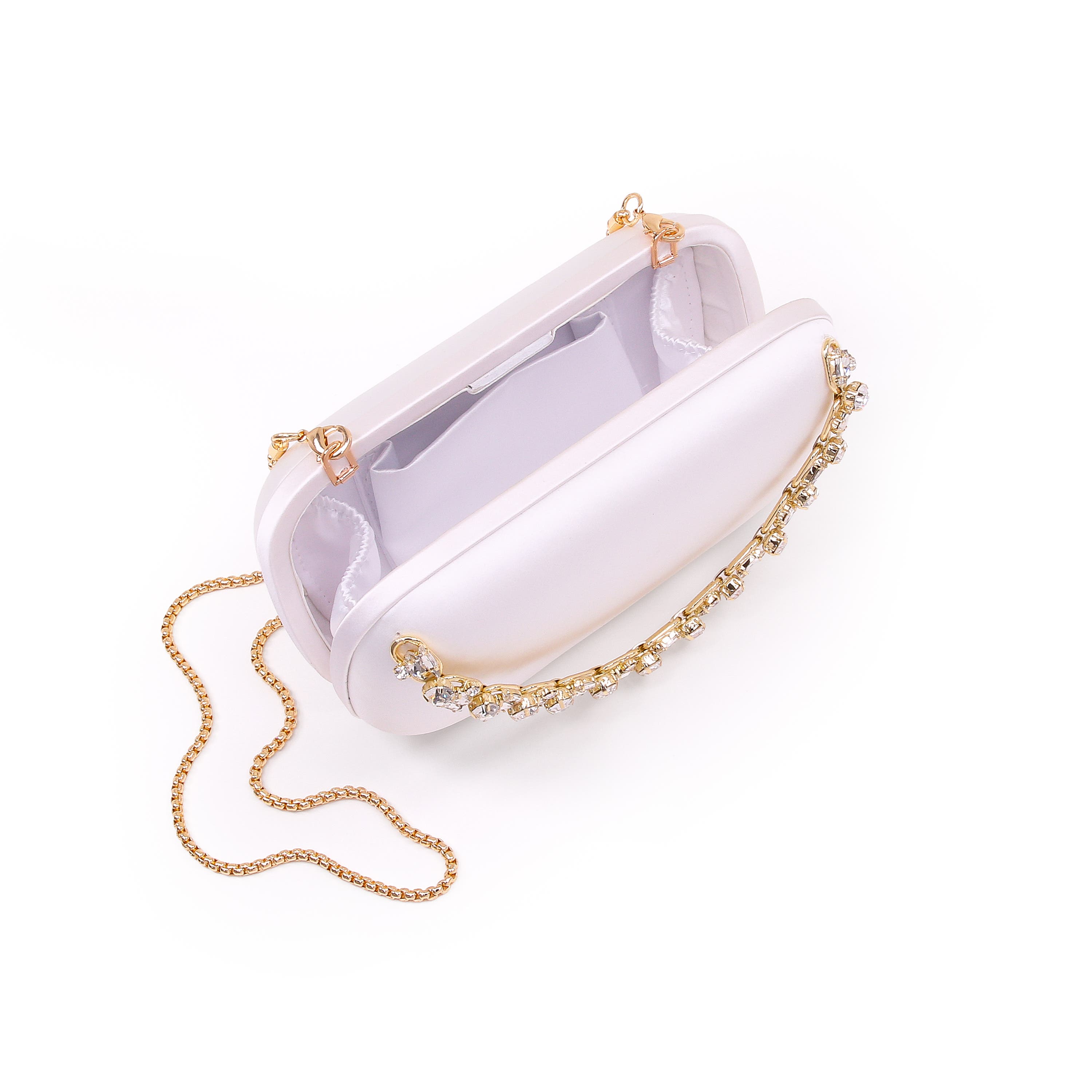 Celestine Satin Minaudiere with Crystal Necklace Handslip, Alternate, color, White