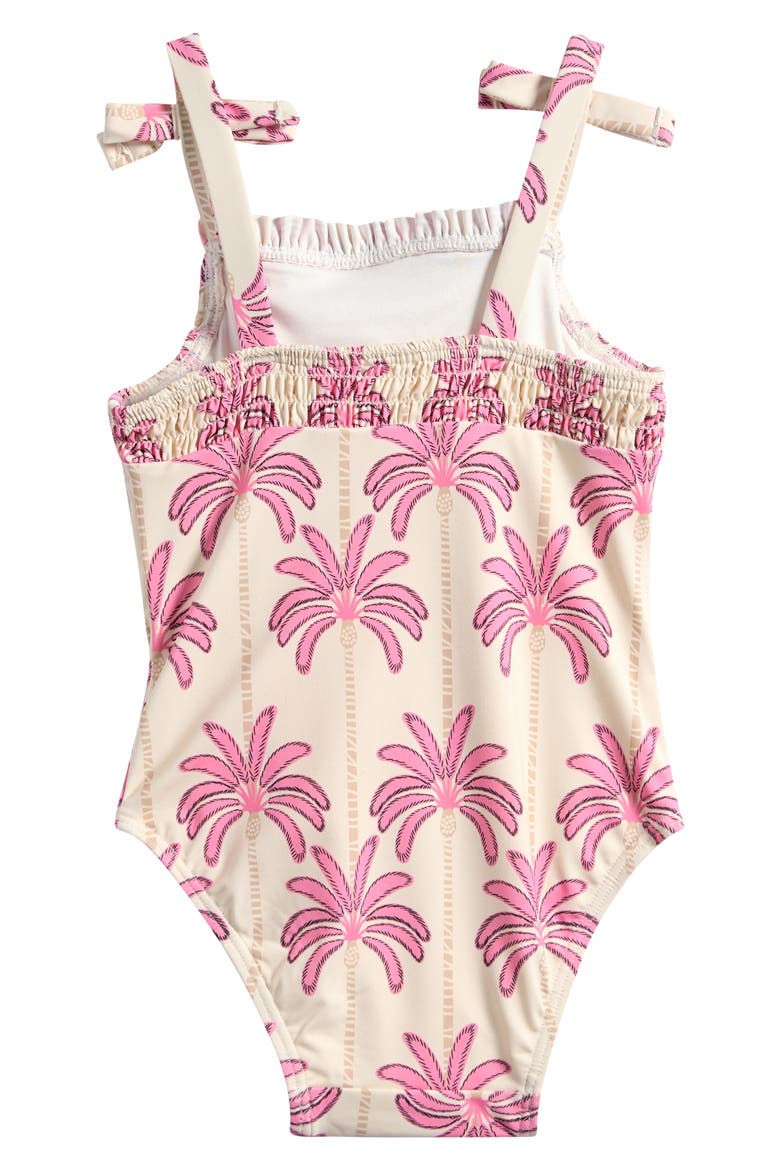 Palm Print Bow Detail One-Piece Swimsuit, Alternate, color, OFF WHITE