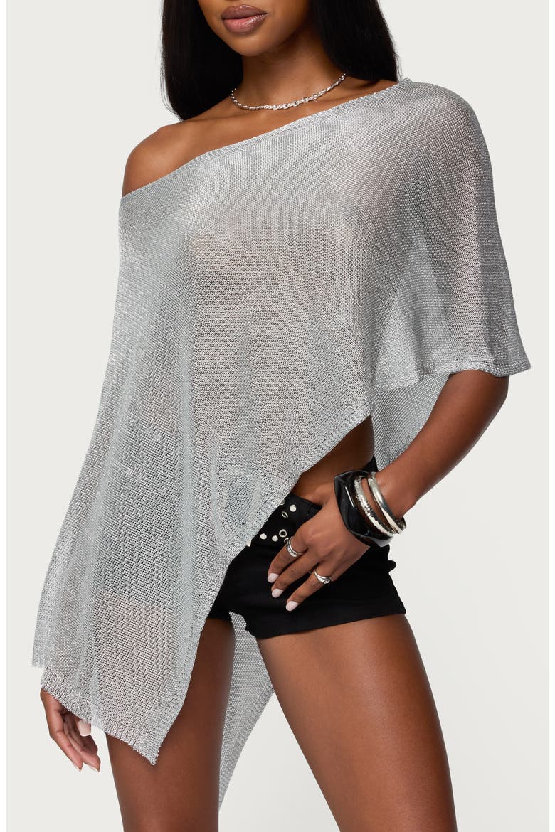 Azalia Metallic One-Shoulder Semisheer Poncho, Main, color, SILVER
