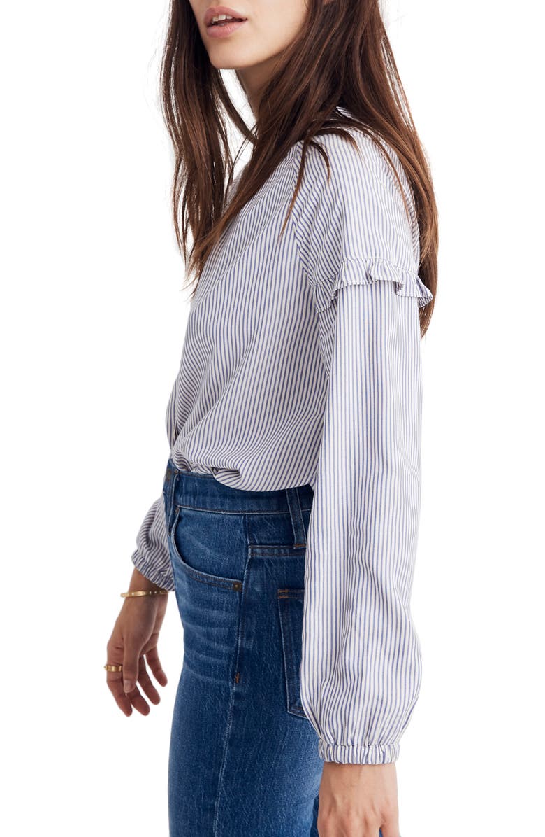 Madewell Stripe Collarless Ruffle Sleeve Shirt, Alternate, color, 